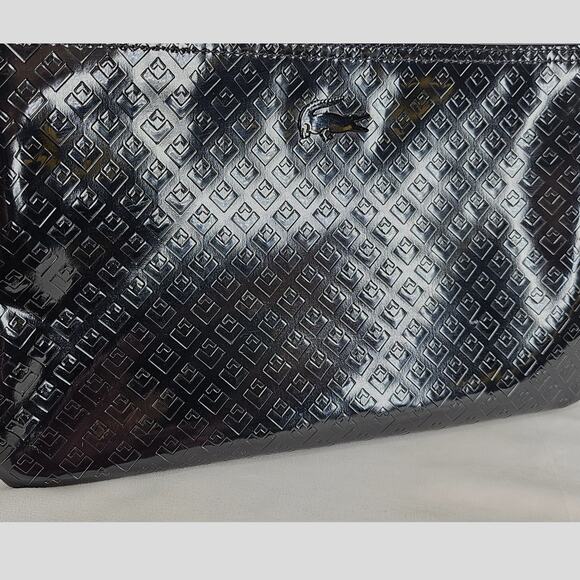 LACOSTE Black Patent Leather Crossbody/Shoulder Purse - Embossed Pattern - Picture 7 of 16